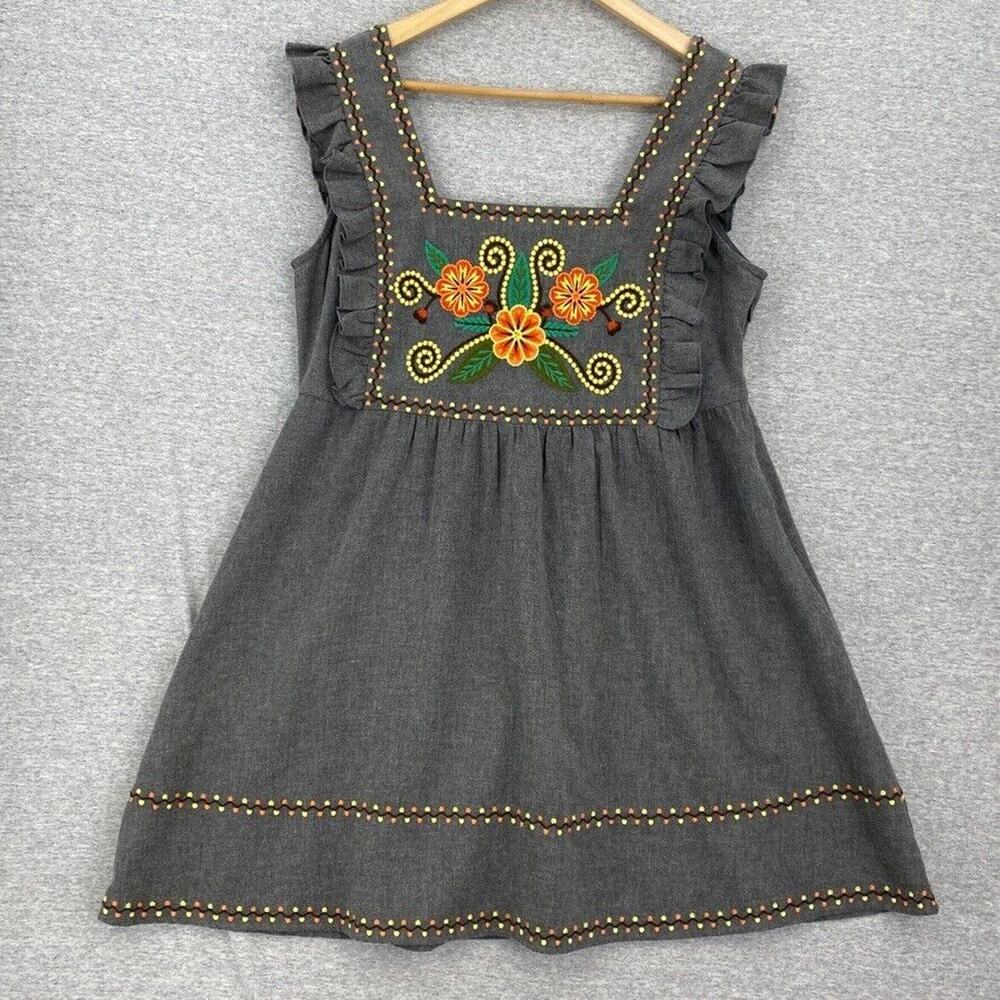 Leandra Medine x Mango Dress Womens Medium Gray Embroidered Cottagecore NWT